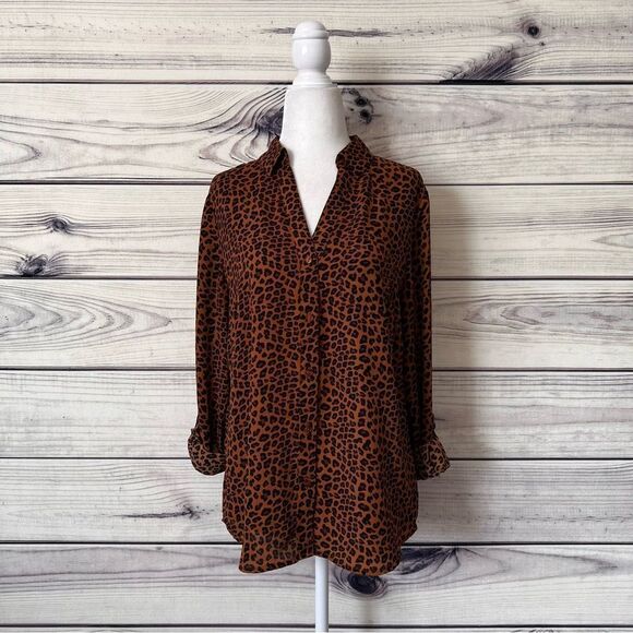 The Limited Brown Leopard Print V Neck Button Down Long Sleeve Blouse - Picture 1 of 10